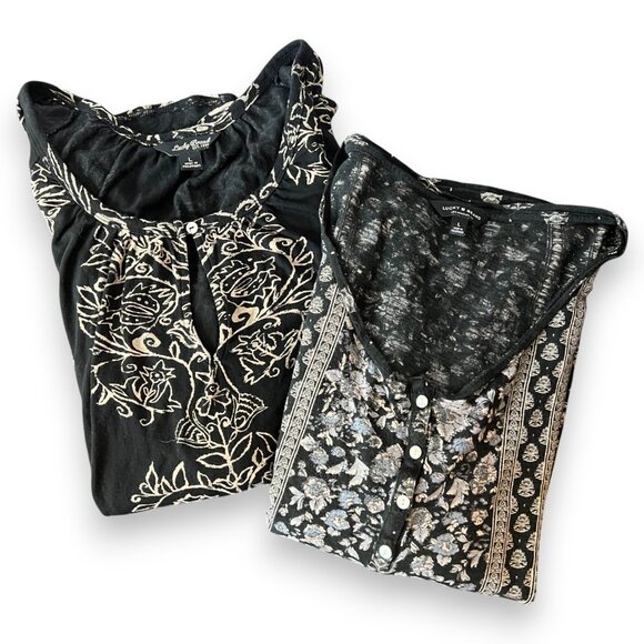 Lucky Brand Bundle Womens Large Black Navy Boho Tops Floral Embroidered Print L - Picture 1 of 16